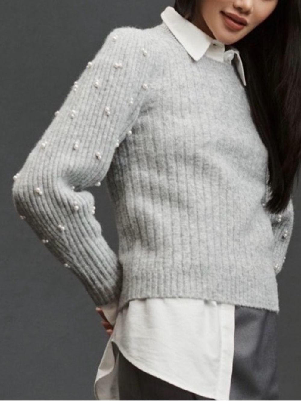 Anthropologie Maeve Pearl Embellished Sweater in Gray. Size XL. Brand new!